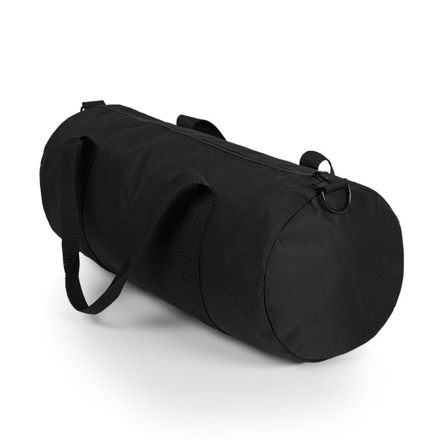 Black duffel bag with a handle on a white background