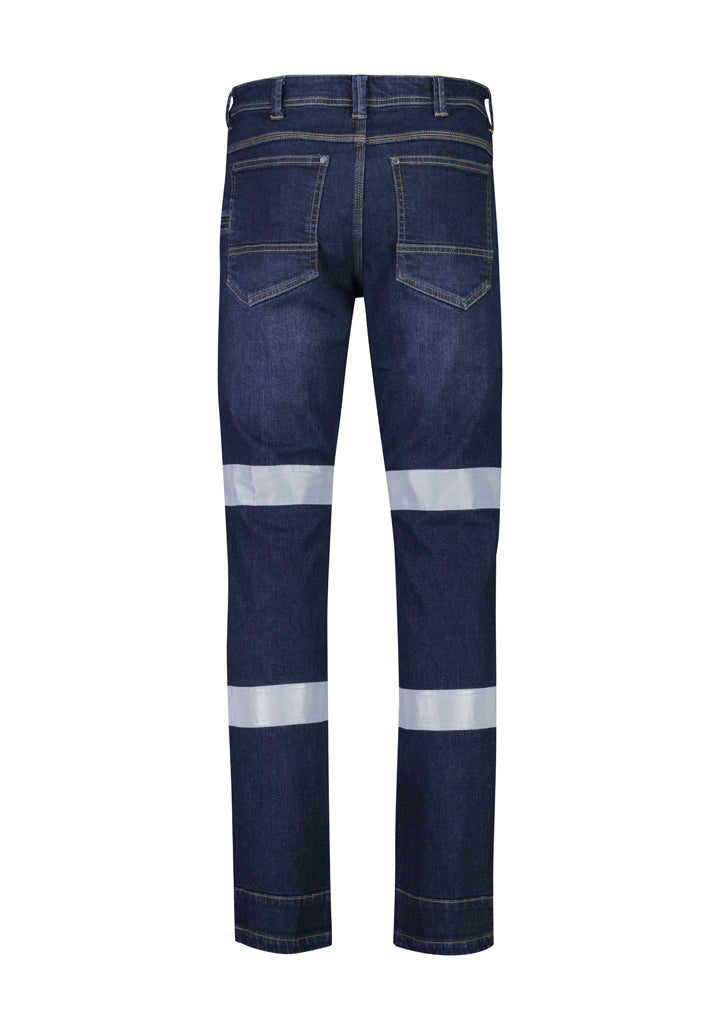 Dark blue jeans with reflective stripes on a white background