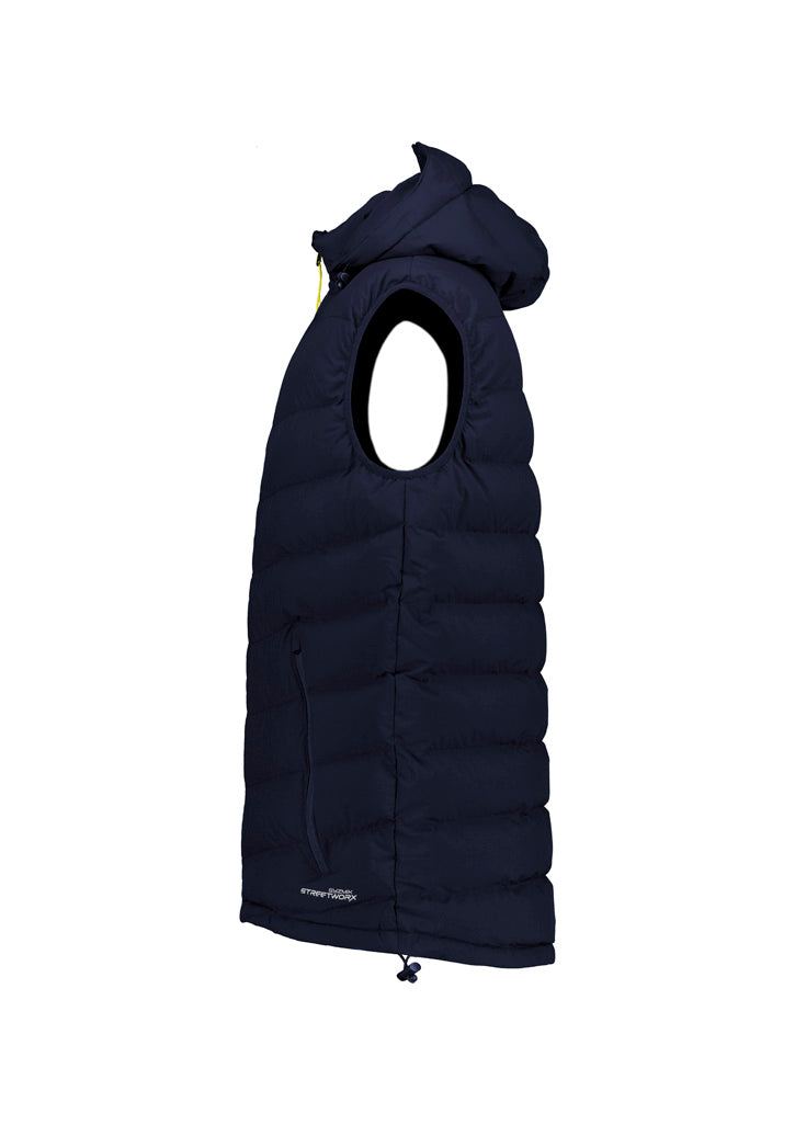 Black puffer vest with a hood on a white background