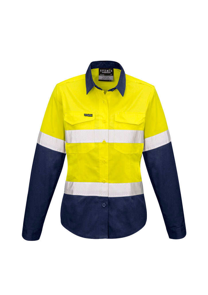 Syzmik Womens Rugged Cooling Hi Vis Taped Long Sleeve Shirt - Yellow/Navy