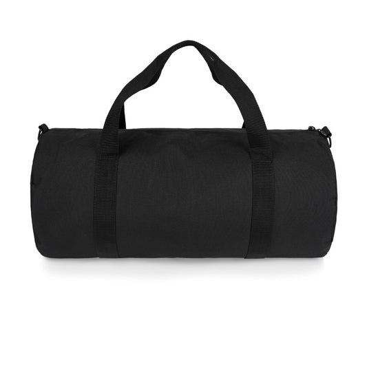 Black duffel bag on a white background