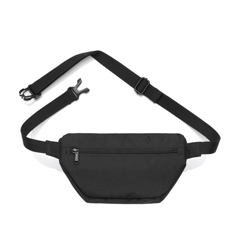 Black waist bag with a strap on a white background