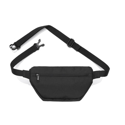 Black waist bag with a strap on a white background