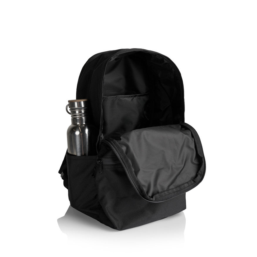Black backpack with a water bottle inside on a white background