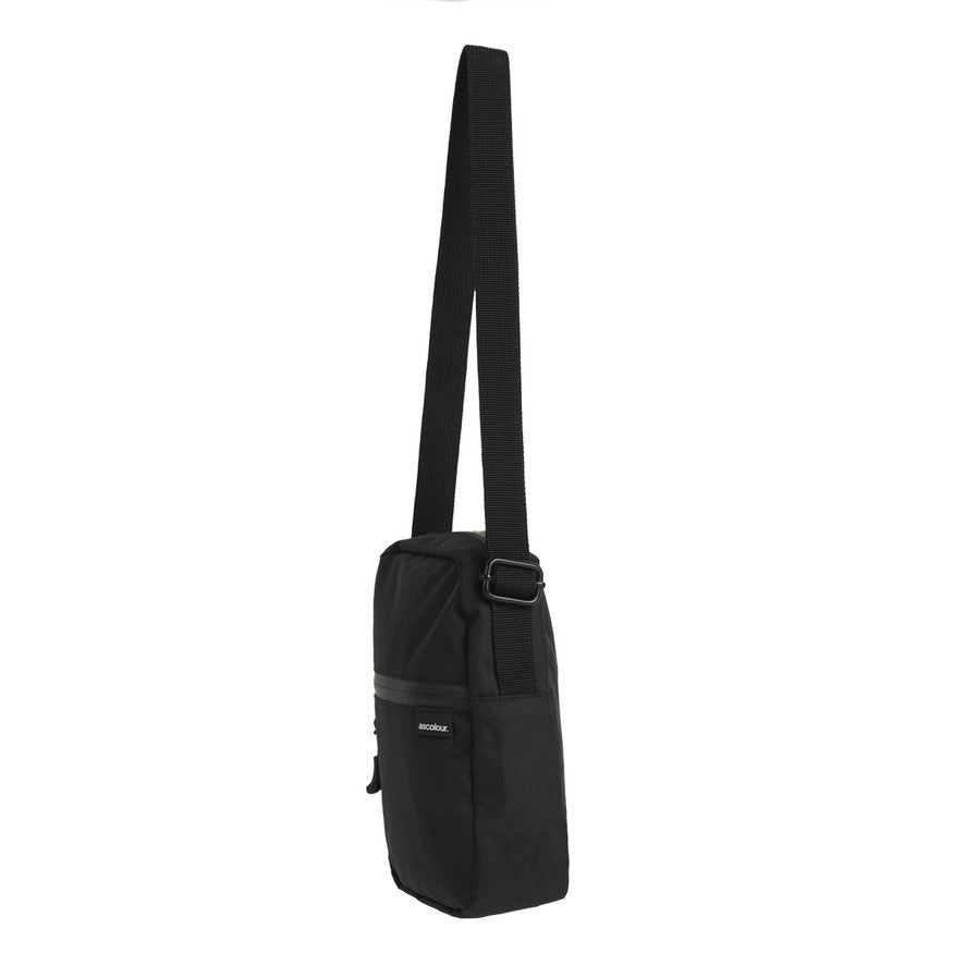 Black crossbody bag with a strap on a white background