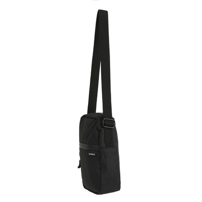 Black crossbody bag with a strap on a white background