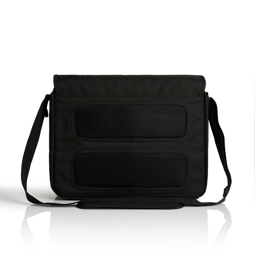 Black shoulder bag with two mesh pockets on a white background