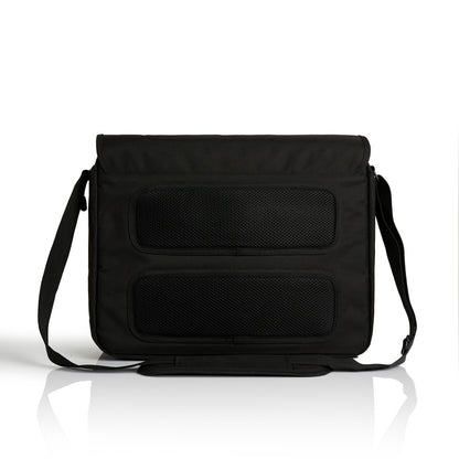 Black shoulder bag with two mesh pockets on a white background