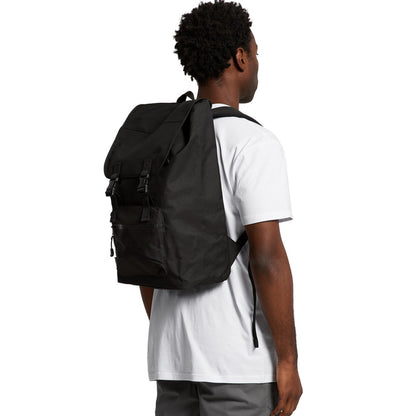Person wearing a black backpack on a white background