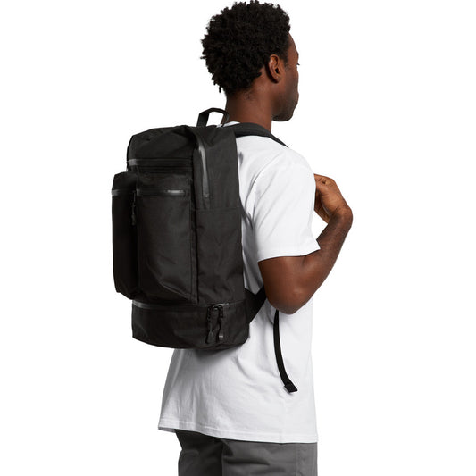 Person wearing a black backpack on a white background