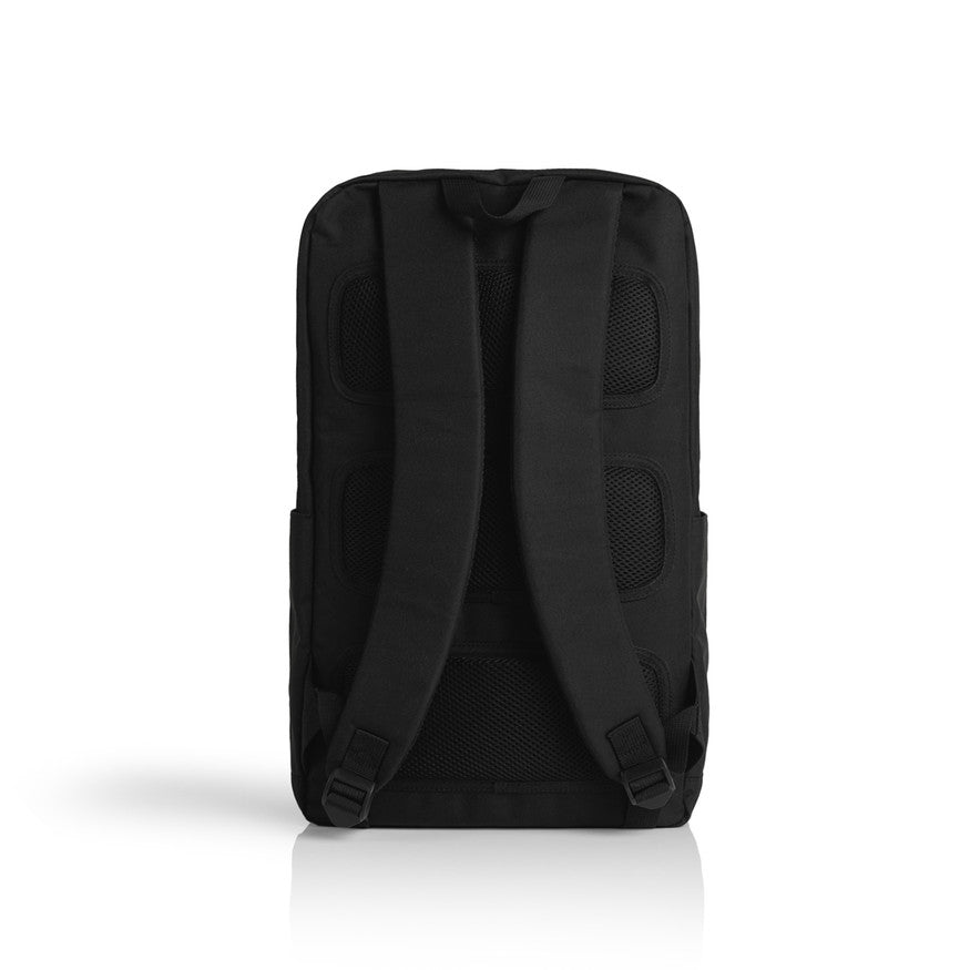Black backpack shown from the back on a white background