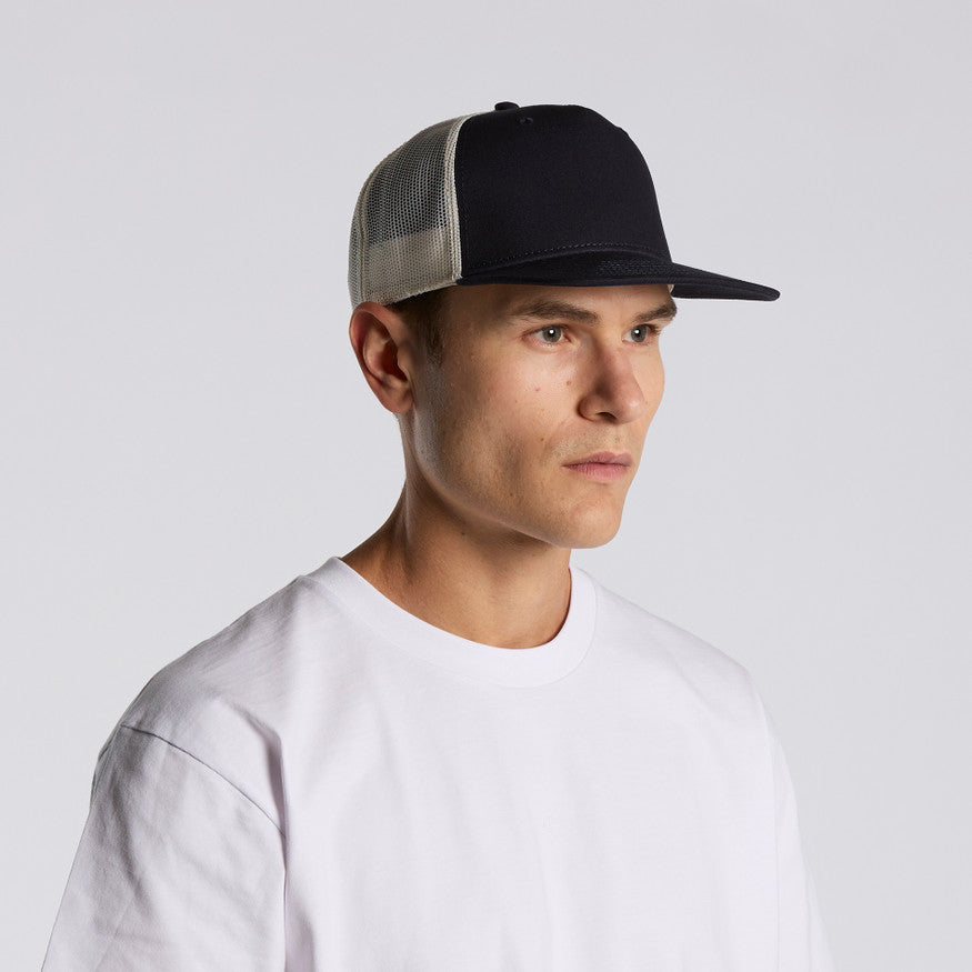 Man wearing a black and gray cap on a white background