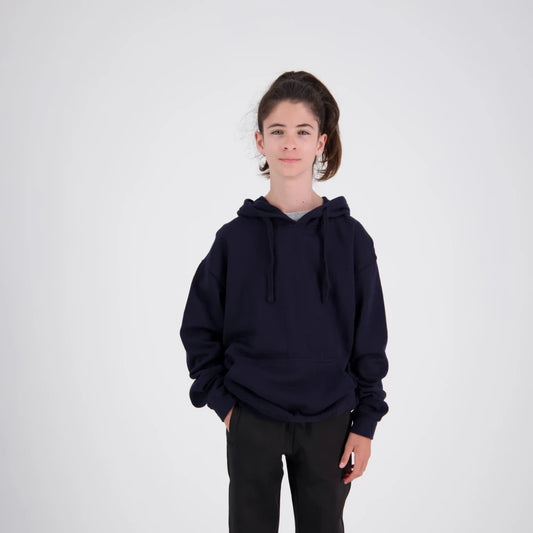 Person wearing a navy blue hoodie on a white background