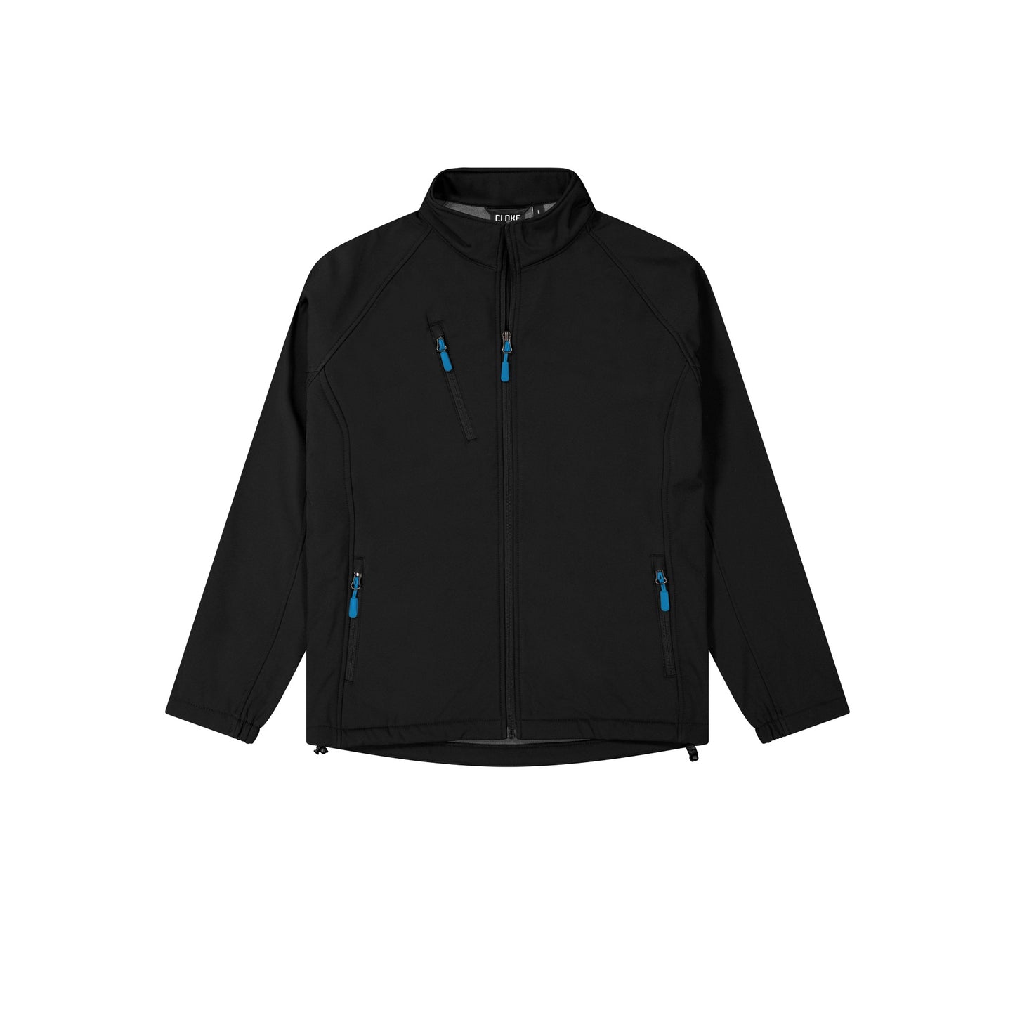 Black jacket with blue zippers on a white background