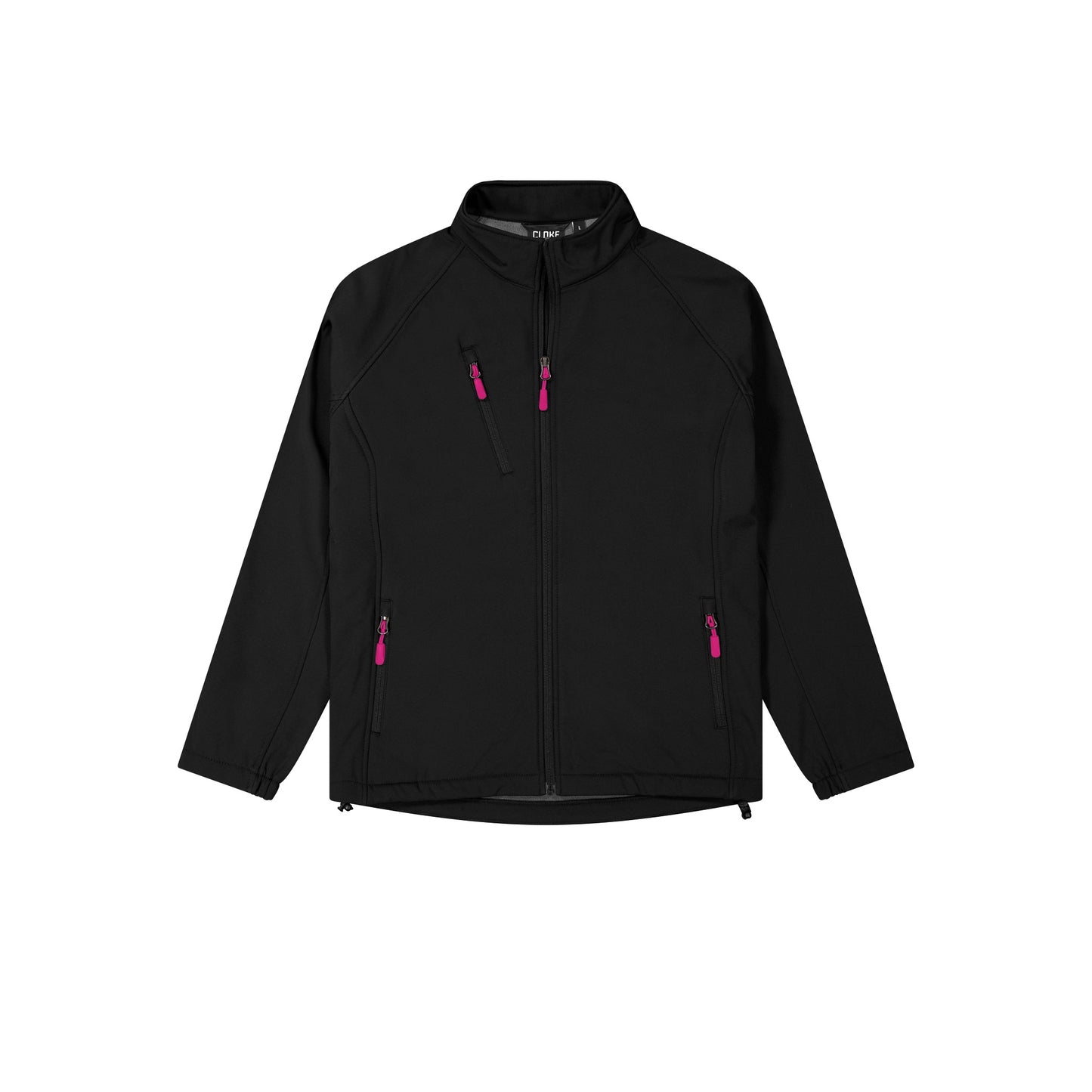 Black jacket with pink zippers on a white background
