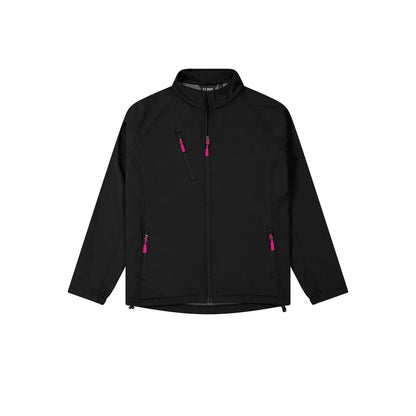 Black jacket with pink zippers on a white background
