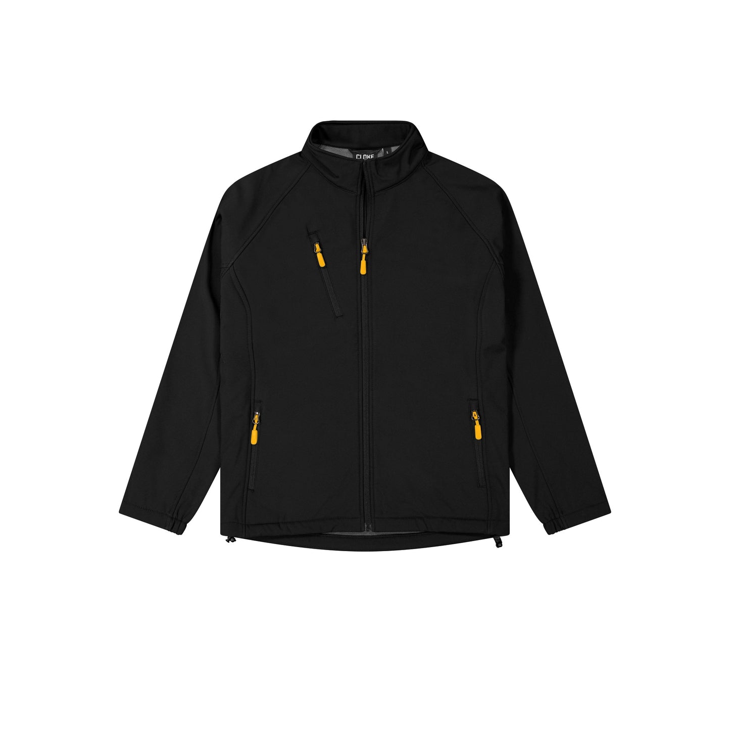 Black jacket with yellow zippers on a white background