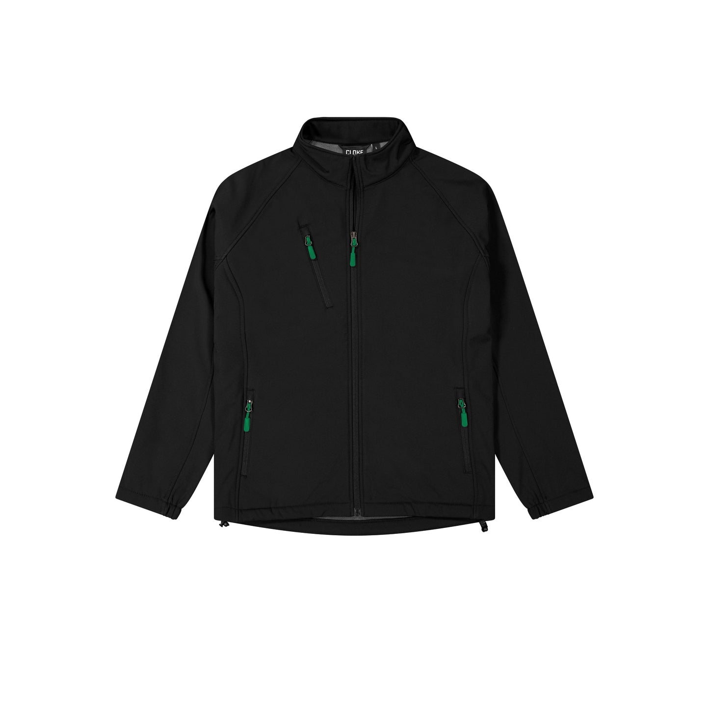 Black jacket with green zippers on a white background