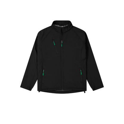 Black jacket with green zippers on a white background