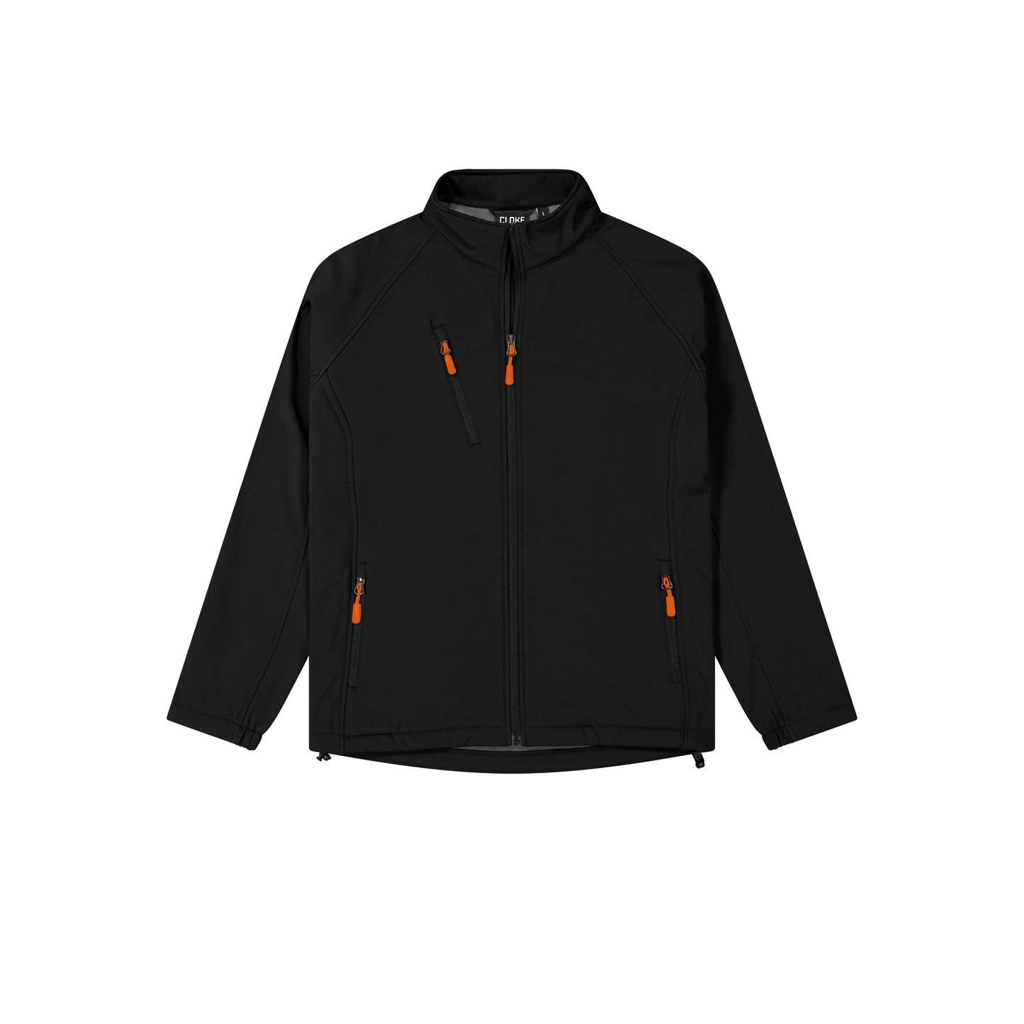 Black jacket with orange zippers on a white background