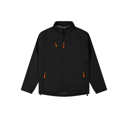 Black jacket with orange zippers on a white background