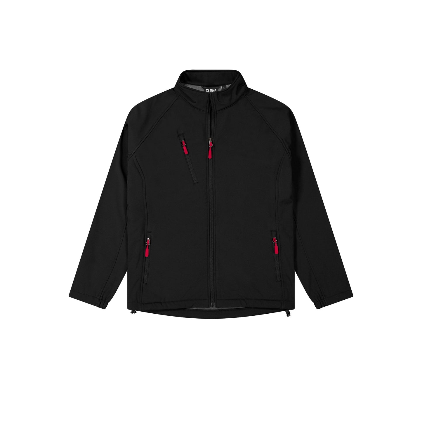 Black jacket with red zippers on a white background