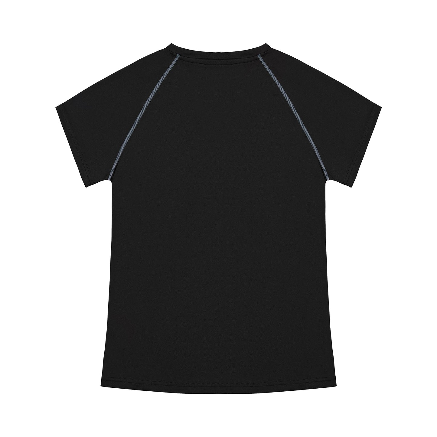 Black t-shirt with gray accents on a white background
