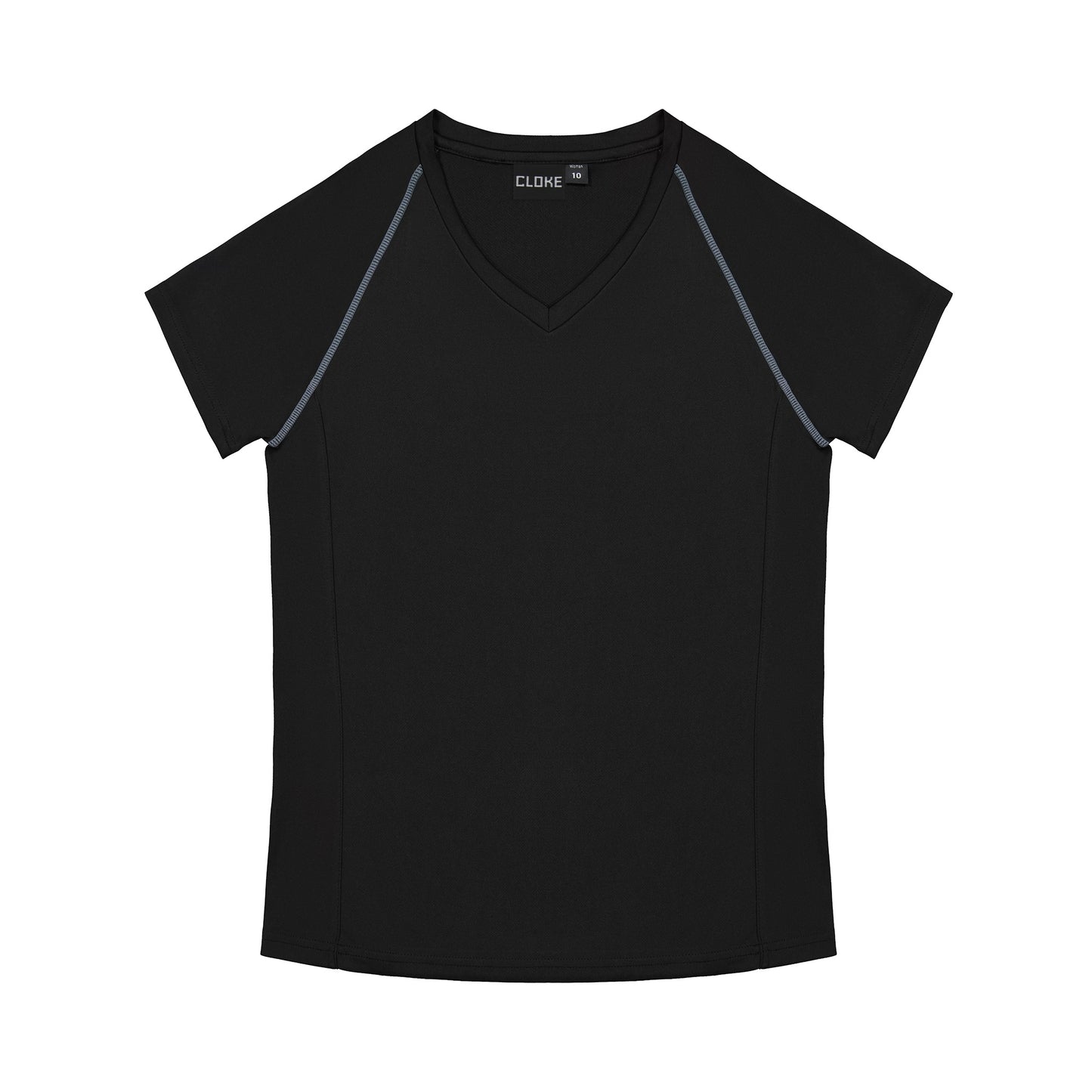 Black t-shirt with gray accents on a white background