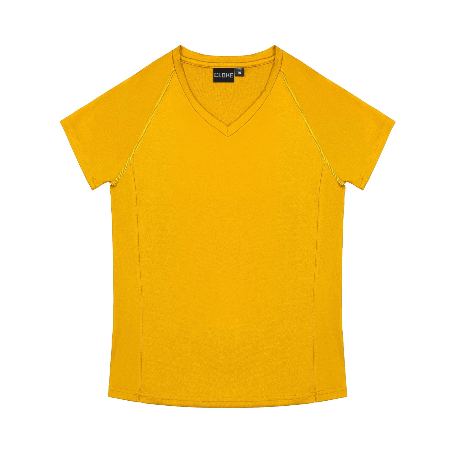 Yellow t-shirt with a brand label on a white background