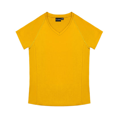 Yellow t-shirt with a brand label on a white background