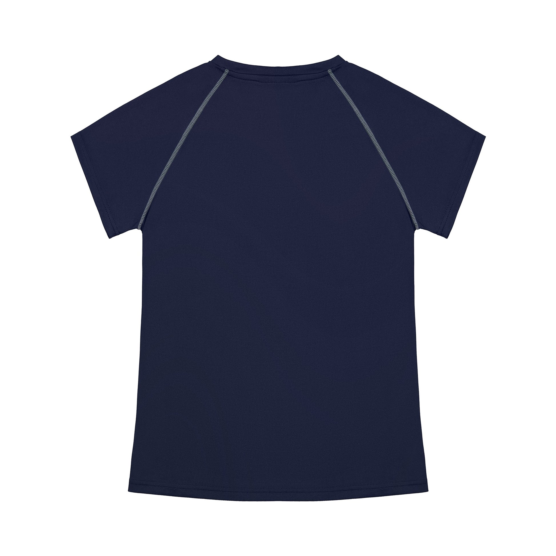 Navy blue t-shirt with gray accents on a white background