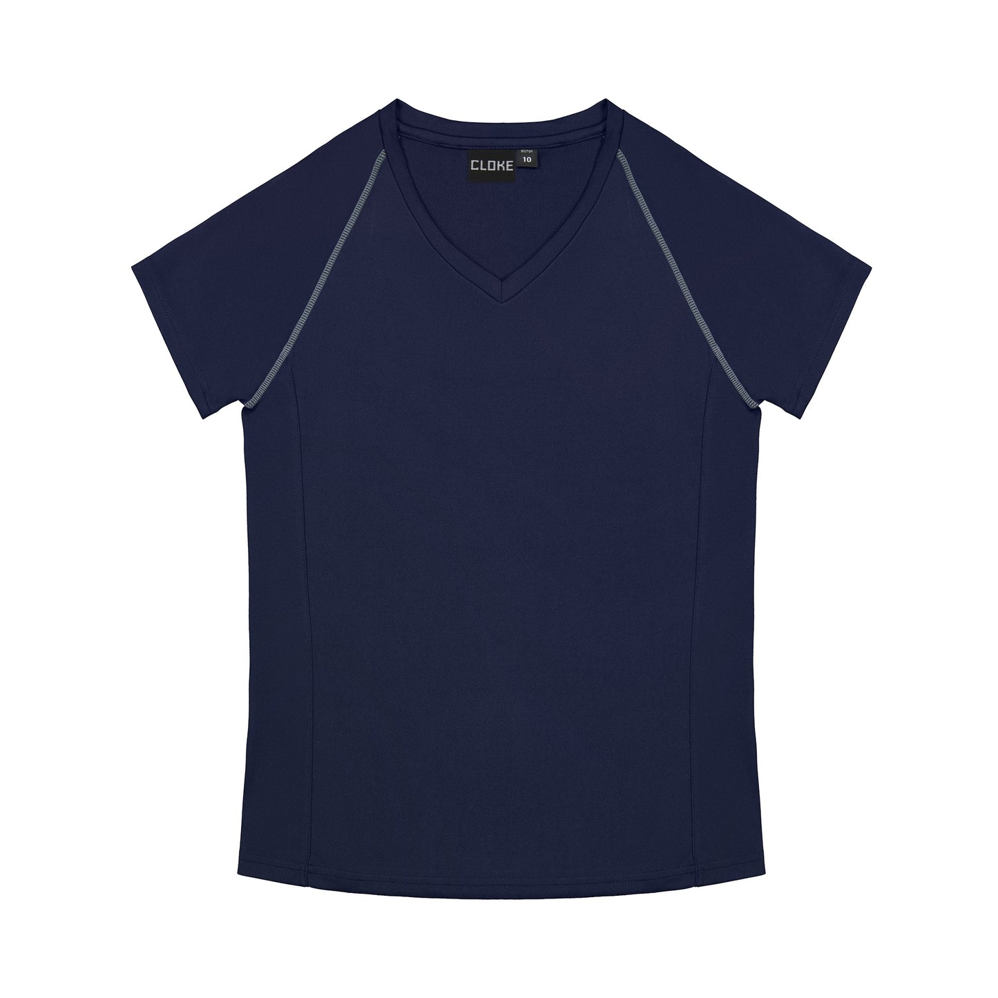 Navy blue t-shirt with gray accents on a white background