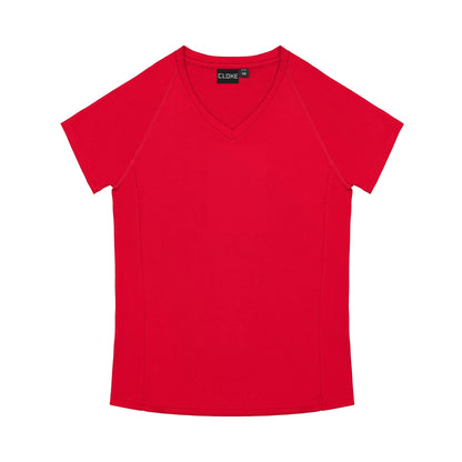 Red t-shirt with a brand label on a white background