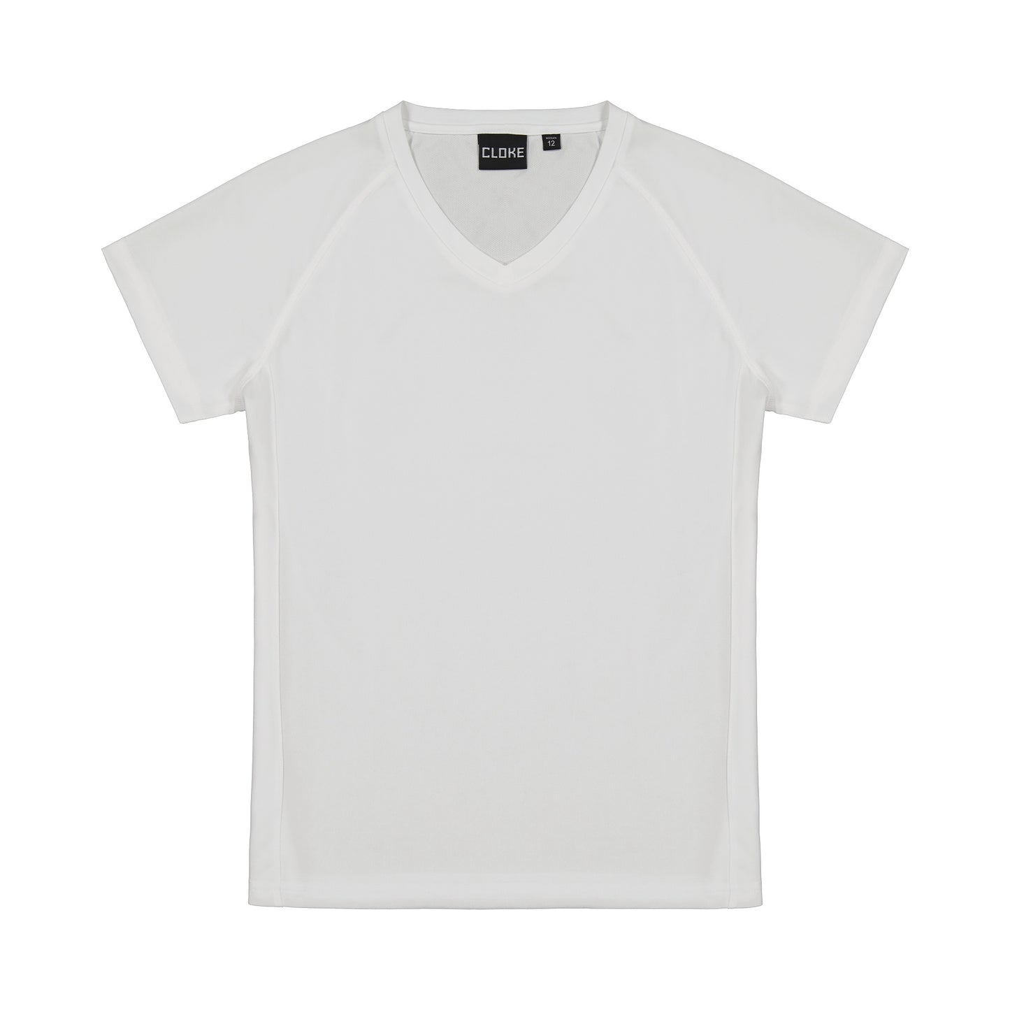 White t-shirt with a brand label on a white background