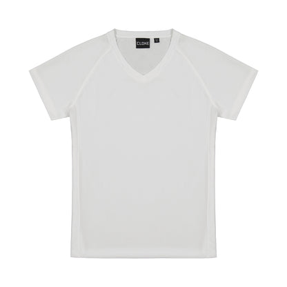 White t-shirt with a brand label on a white background