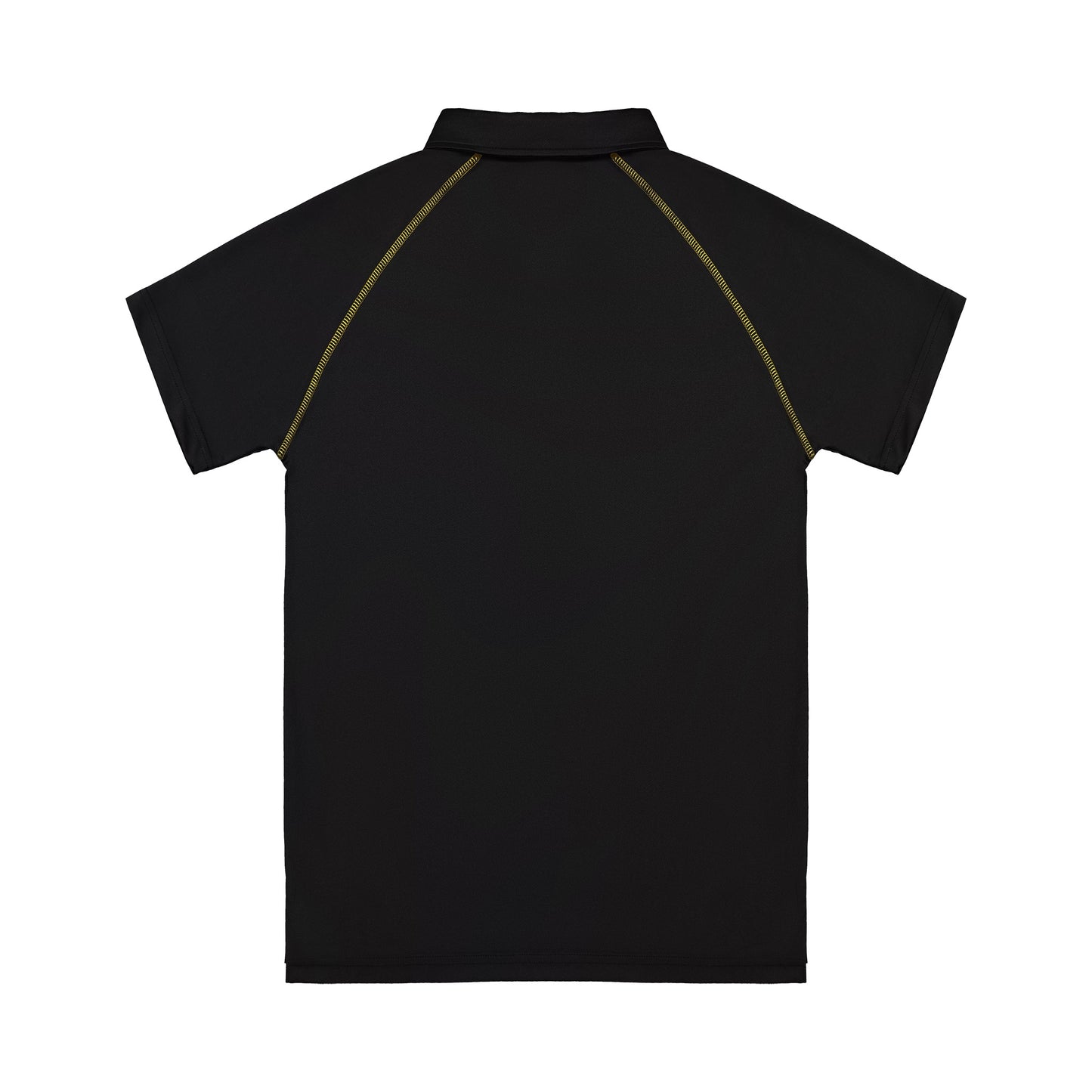 Black polo shirt with yellow accents on a white background