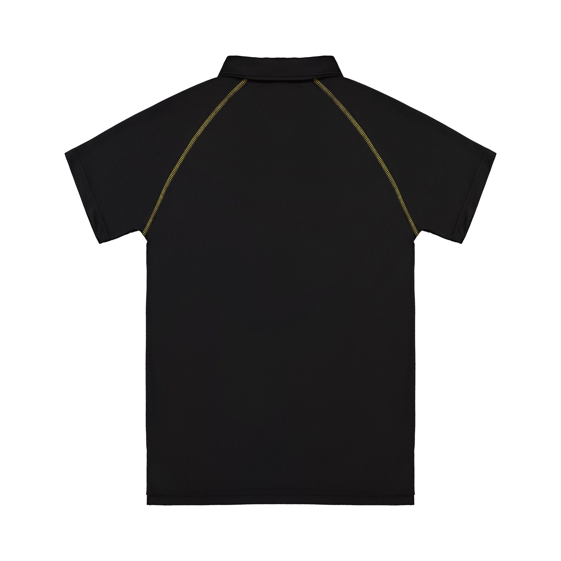 Black polo shirt with yellow accents on a white background