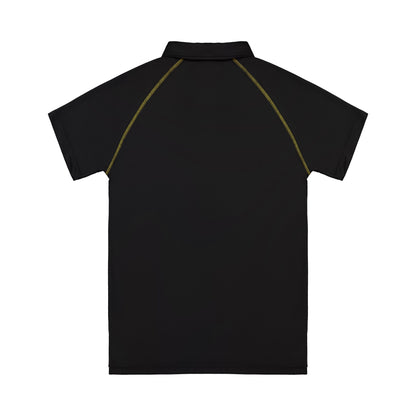 Black polo shirt with yellow accents on a white background