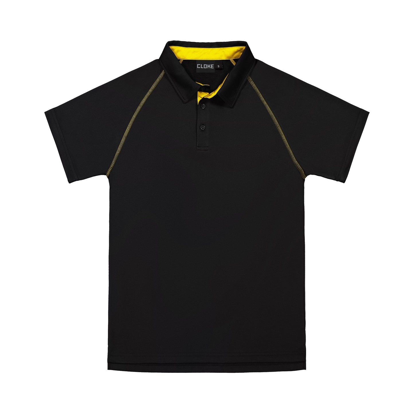 Black polo shirt with yellow accents on a white background