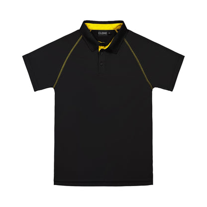 Black polo shirt with yellow accents on a white background