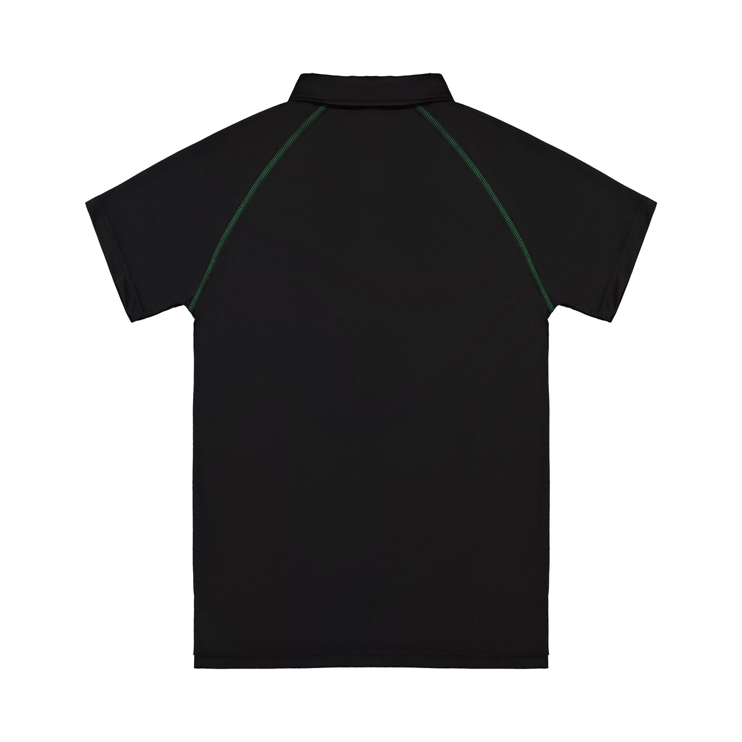 Black polo shirt with green accents on a white background