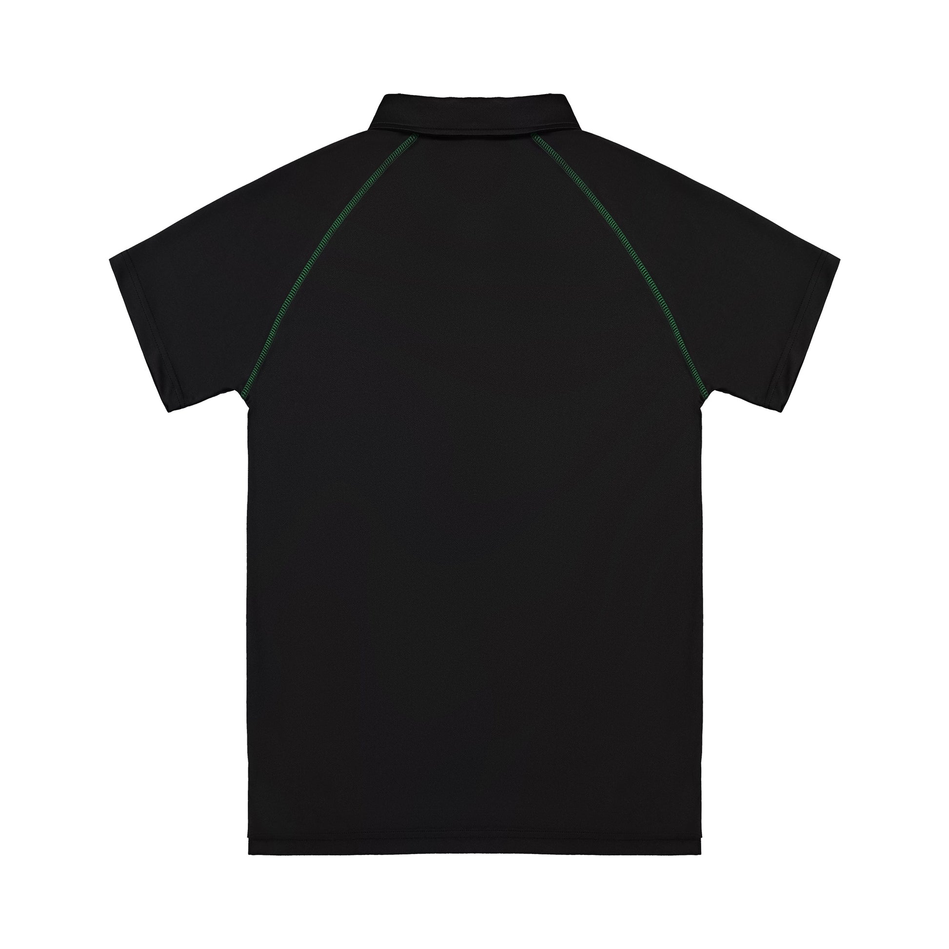 Black polo shirt with green accents on a white background