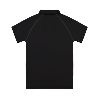 Black polo shirt with green accents on a white background