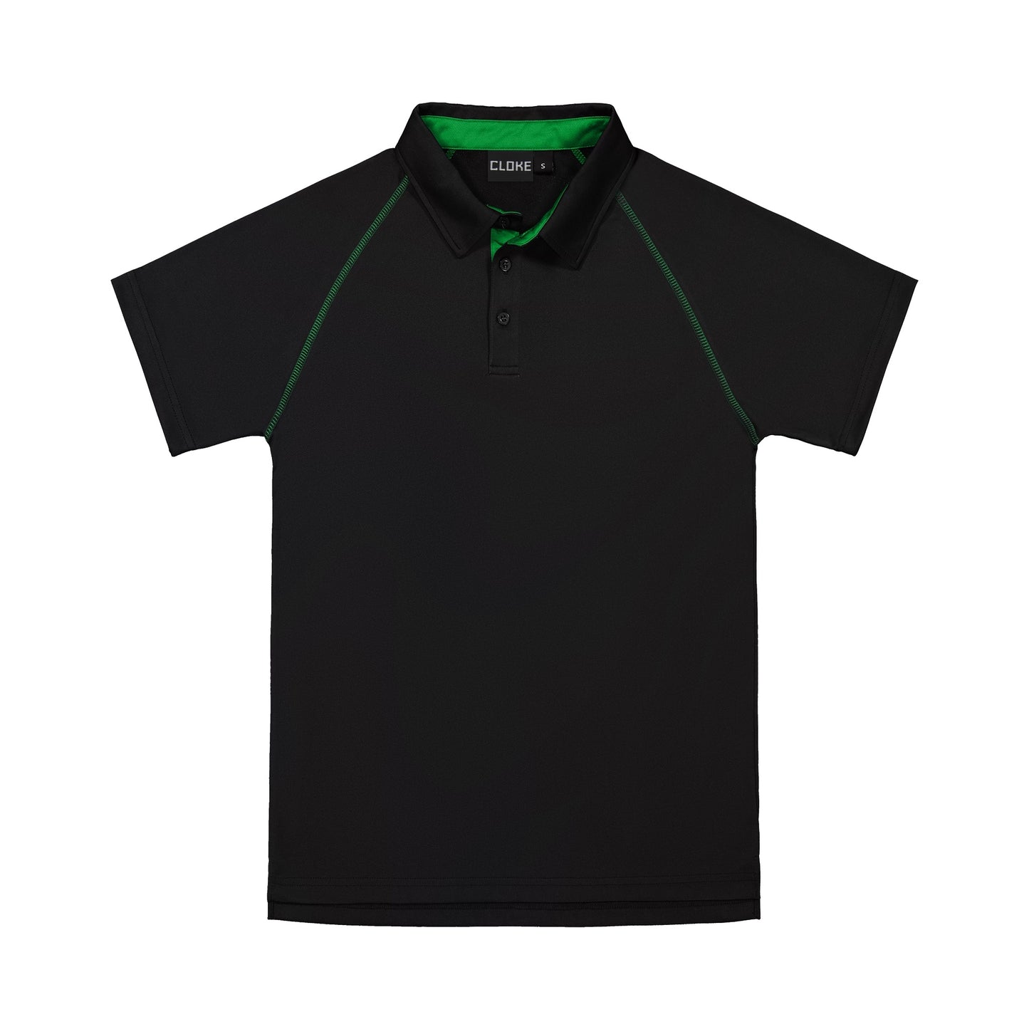 Black polo shirt with green accents on a white background