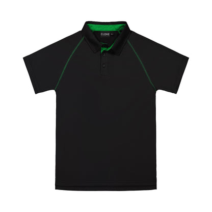 Black polo shirt with green accents on a white background