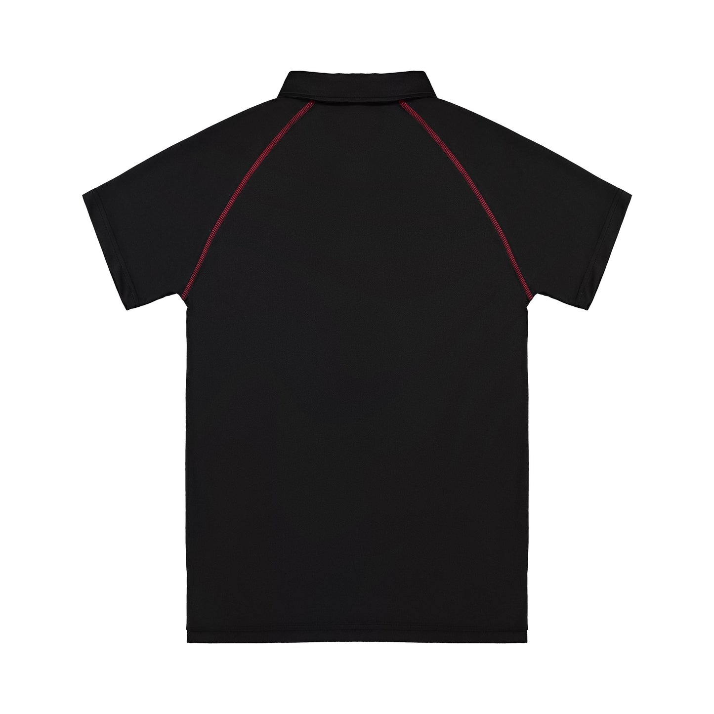 Black polo shirt with red accents on a white background