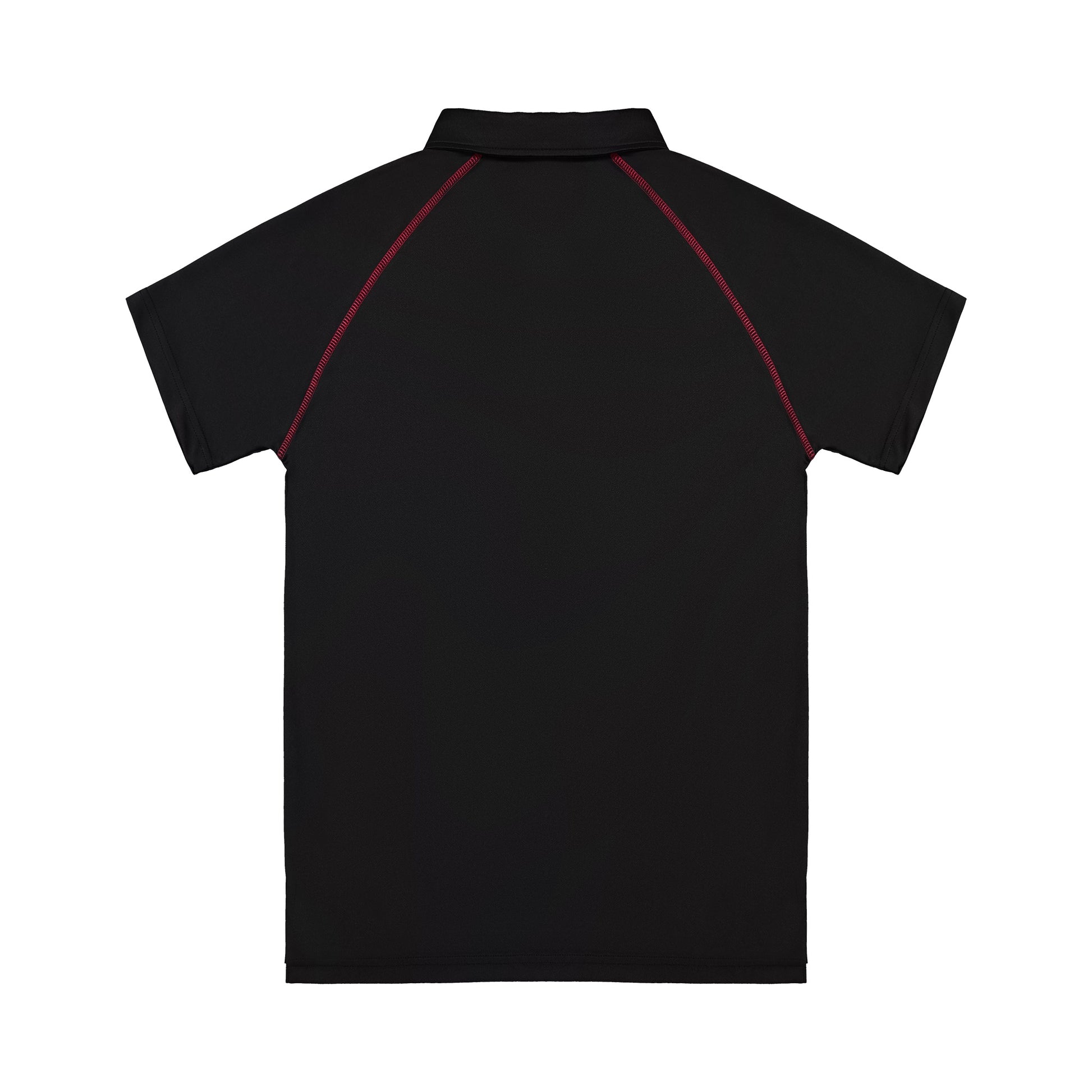Black polo shirt with red accents on a white background