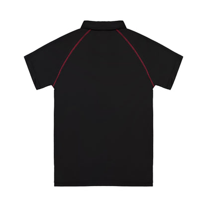 Black polo shirt with red accents on a white background