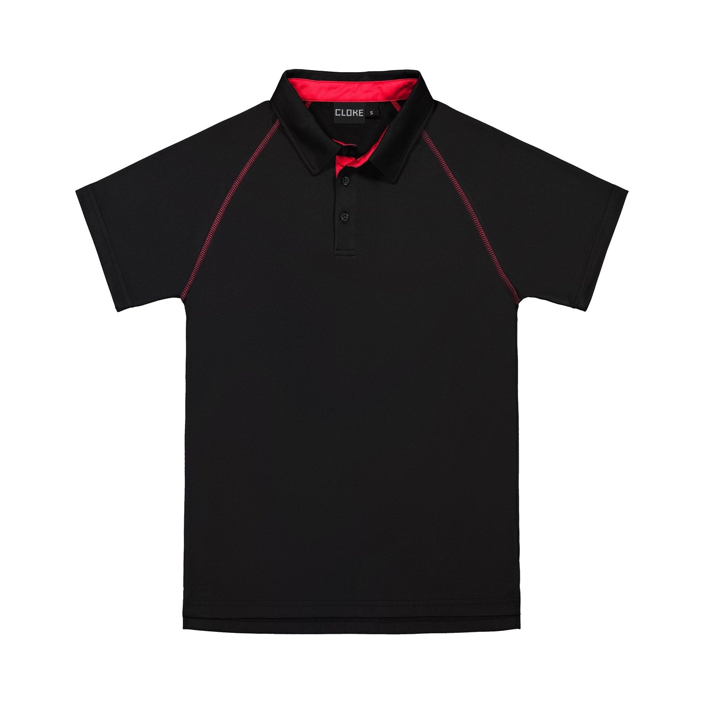 Black polo shirt with red accents on a white background
