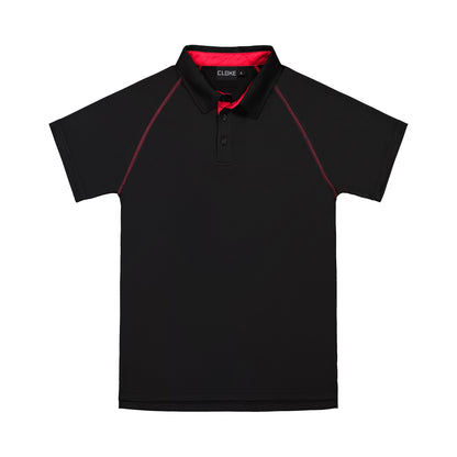 Black polo shirt with red accents on a white background